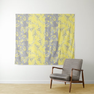 Grey and yellow leaves on a striped background. tapestry