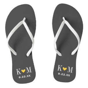 Grey and Yellow Modern Wedding Monogram Thongs