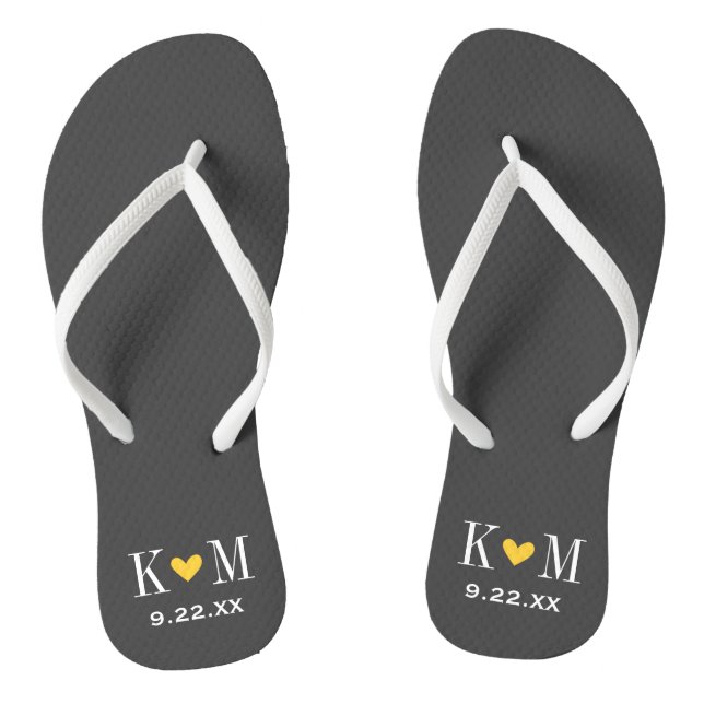 Grey and Yellow Modern Wedding Monogram Thongs (Footbed)
