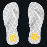 Grey and Yellow Moroccan Quatrefoil Monogram Thongs<br><div class="desc">Custom printed flip flop sandals with a stylish Moroccan quatrefoil pattern and your custom monogram or other text in a circle frame. Click Customise It to change text fonts and colours or add your own images to create a unique one of a kind design!</div>