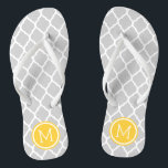 Grey and Yellow Moroccan Quatrefoil Monogram Thongs<br><div class="desc">Custom printed flip flop sandals with a stylish Moroccan quatrefoil pattern and your custom monogram or other text in a circle frame. Click Customise It to change text fonts and colours or add your own images to create a unique one of a kind design!</div>