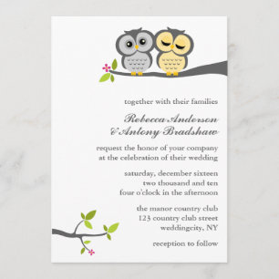 Grey and Yellow Owls Wedding Invitation