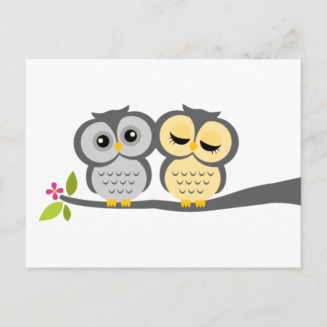 Grey and Yellow Owls Wedding Invitation Postcard (Front)