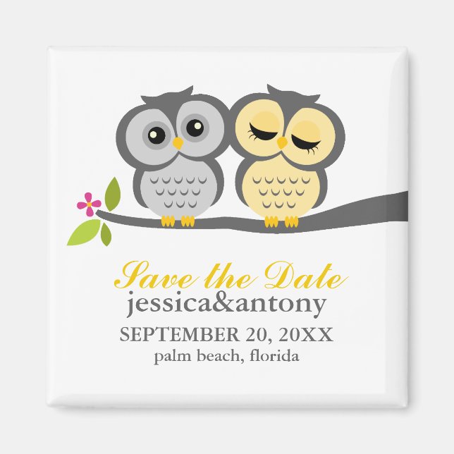 Grey and Yellow Owls Wedding Magnet (Front)