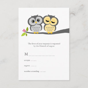 Grey and Yellow Owls Wedding RSVP Card