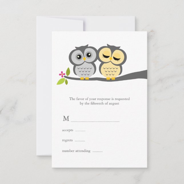 Grey and Yellow Owls Wedding RSVP Card (Front)