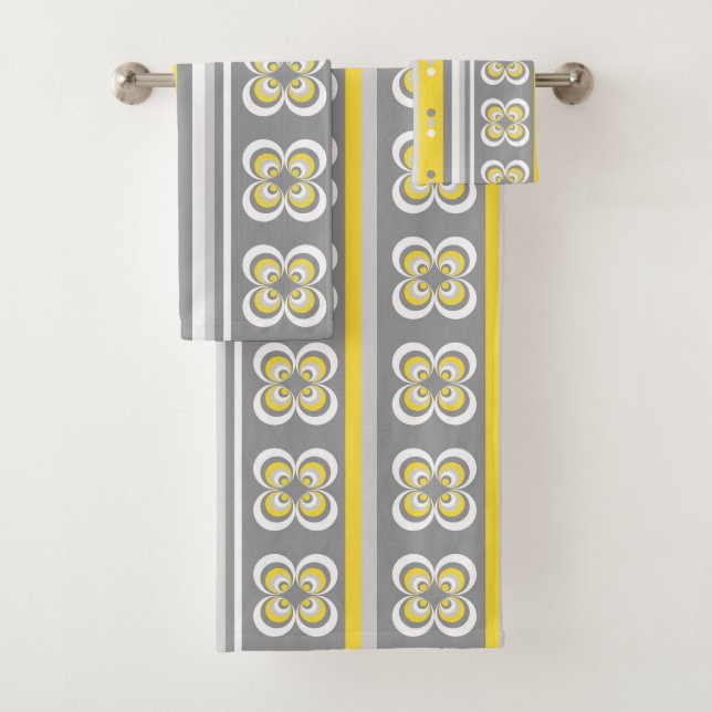 Grey and yellow peacock eyes and stripes bath towel set (Insitu)