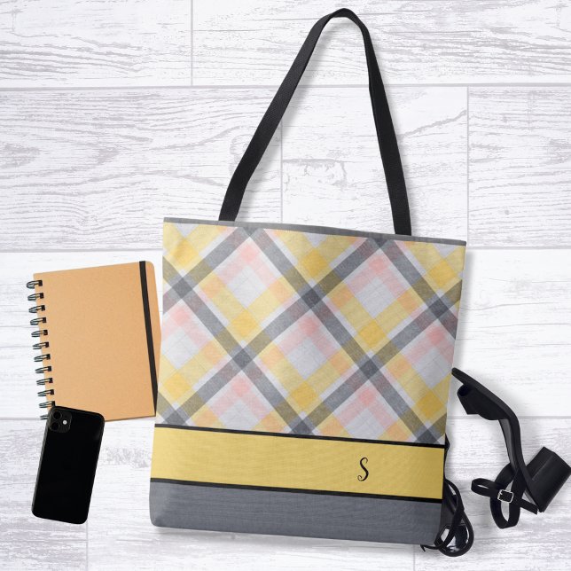 Grey and Yellow Plaid Monogram Tote Bag (Creator Uploaded)