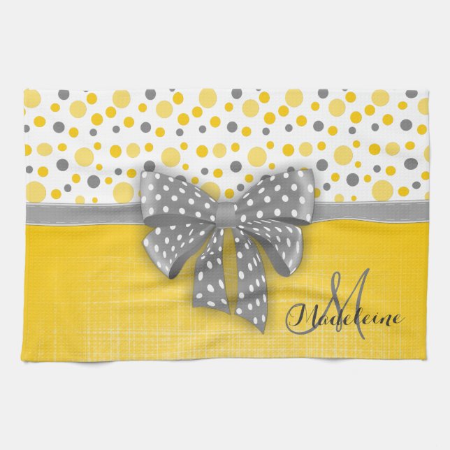 Grey and Yellow Polka Dots, Grey Dotted Ribbon Tea Towel (Horizontal)