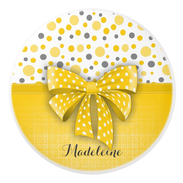 Grey and Yellow Polka Dots, Sunny Yellow Ribbon Ceramic Knob (Front)
