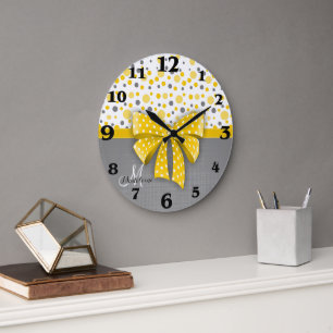 Grey and Yellow Polka Dots, Sunny Yellow Ribbon Large Clock