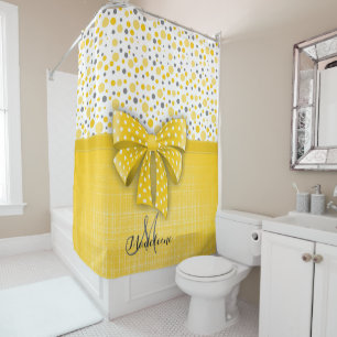 Grey and Yellow Polka Dots, Sunny Yellow Ribbon Shower Curtain