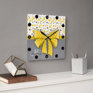 Grey and Yellow Polka Dots, Sunny Yellow Ribbon Square Wall Clock