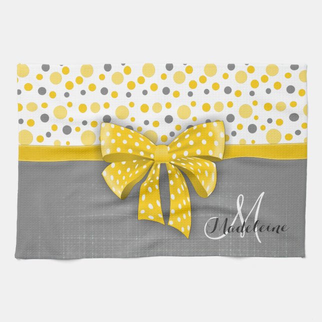 Grey and Yellow Polka Dots, Sunny Yellow Ribbon Tea Towel (Horizontal)