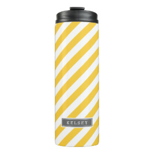 Grey and Yellow Preppy Stripes Monogram Thermal Tumbler
