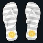 Grey and Yellow Preppy Stripes Monogram Thongs<br><div class="desc">Custom printed flip flop sandals with a preppy nautical stripe pattern and your custom monogram or other text in a circle frame. Click Customise It to change text fonts and colours or add your own images to create a unique one of a kind design!</div>