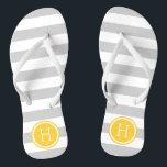 Grey and Yellow Preppy Stripes Monogram Thongs<br><div class="desc">Custom printed flip flop sandals with a preppy nautical stripe pattern and your custom monogram or other text in a circle frame. Click Customise It to change text fonts and colours or add your own images to create a unique one of a kind design!</div>