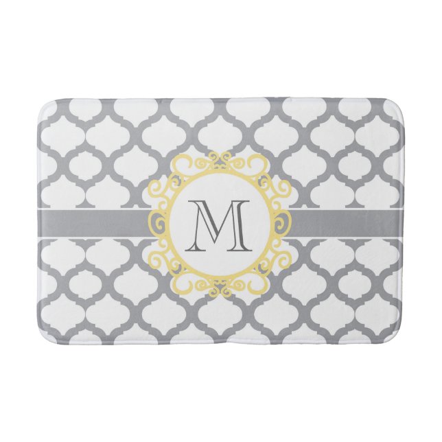 Grey and Yellow Quatrefoil Monogram Bath Mat (Front)