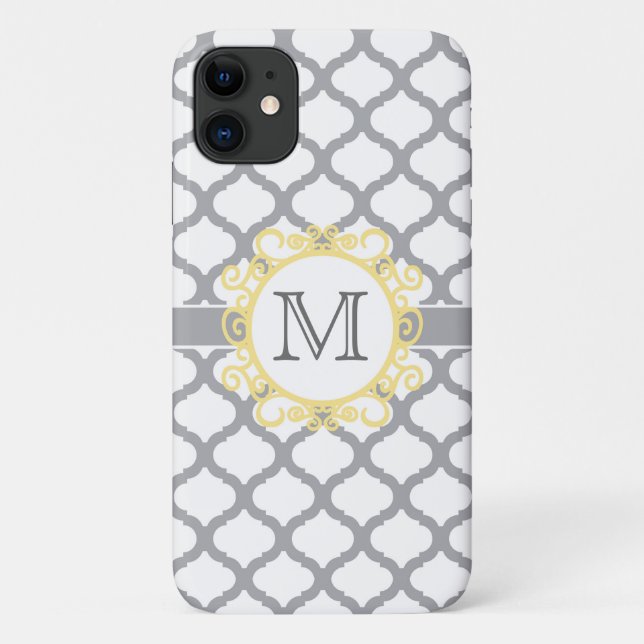 Grey and Yellow Quatrefoil Monogram Case-Mate iPhone Case (Back)
