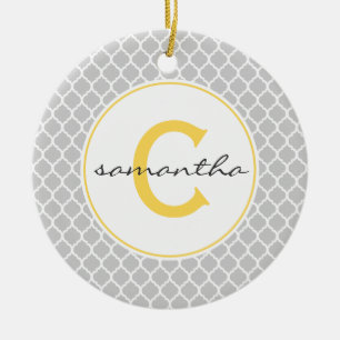 Grey and Yellow Quatrefoil Monogram Ceramic Tree Decoration