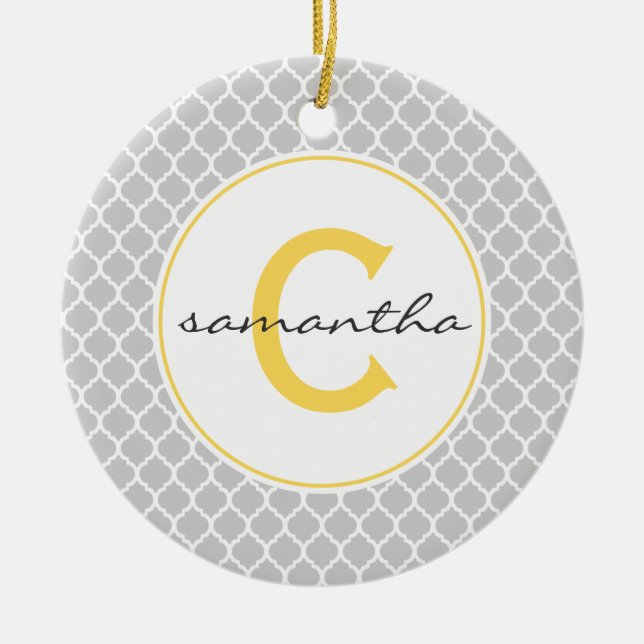 Grey and Yellow Quatrefoil Monogram Ceramic Tree Decoration (Front)
