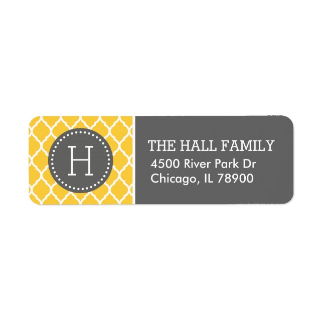 Grey and Yellow Quatrefoil Monogram Return Address Label (Front)