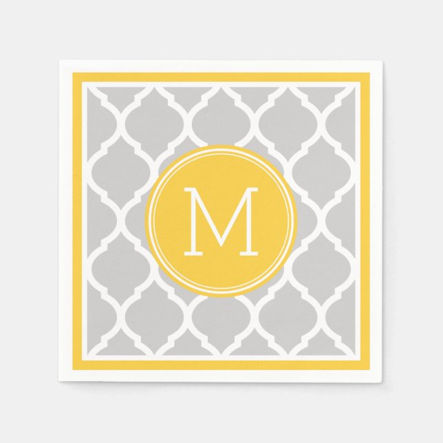 Grey and Yellow Quatrefoil Wedding Monogram Napkin (Front)