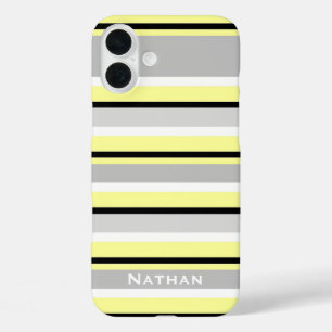 Grey and Yellow Striped Stylish Personalised iPhone 16 Plus Case