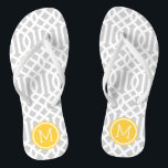 Grey and Yellow Trellis Monogram Thongs<br><div class="desc">Custom printed flip flop sandals with a stylish modern trellis pattern and your custom monogram or other text in a circle frame. Click Customise It to change text fonts and colours or add your own images to create a unique one of a kind design!</div>