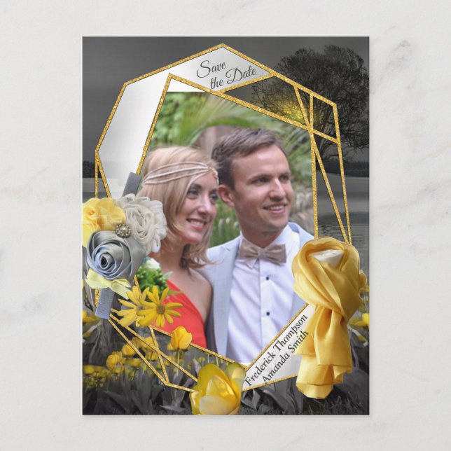 Grey and yellow tulips, daisies with a sunset announcement postcard (Front)