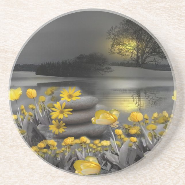 Grey and yellow tulips, daisies with a sunset coaster (Front)