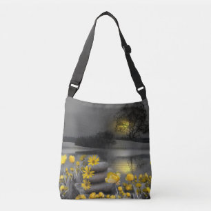 Grey and yellow tulips, daisies with a sunset crossbody bag