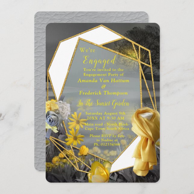 Grey and yellow tulips, daisies with a sunset invitation (Front/Back)