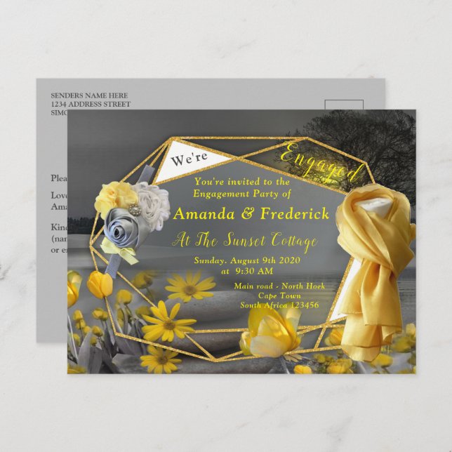 Grey and yellow tulips, daisies with a sunset invitation postcard (Front/Back)
