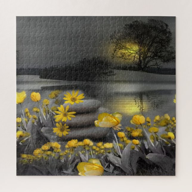 Grey and yellow tulips, daisies with a sunset jigsaw puzzle (Vertical)