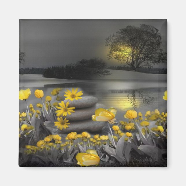 Grey and yellow tulips, daisies with a sunset magnet (Front)