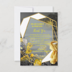 Grey and yellow tulips, daisies with a sunset RSVP card
