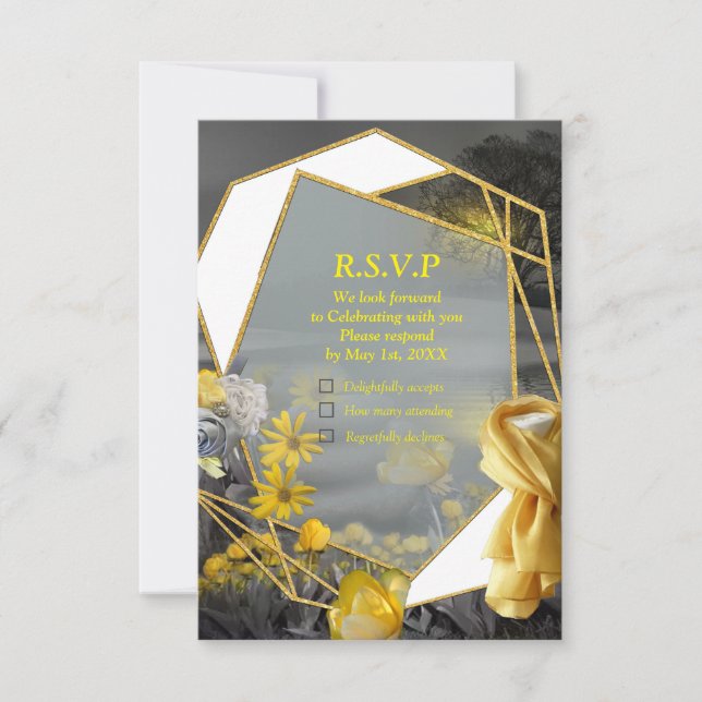 Grey and yellow tulips, daisies with a sunset RSVP card (Front)
