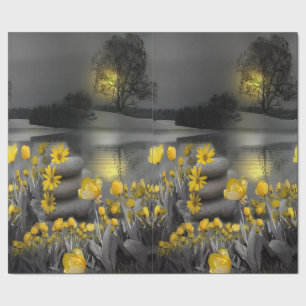 Grey and yellow tulips, daisies with a sunset wrapping paper