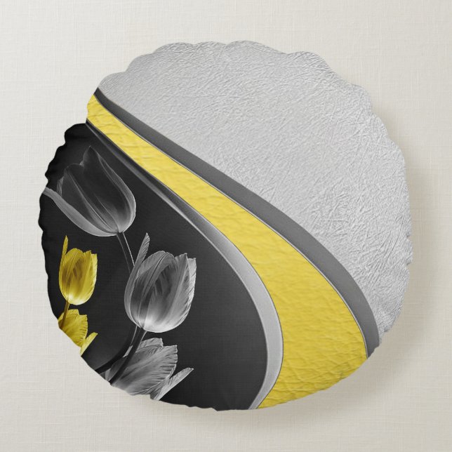 Grey and yellow tulips flower 2021 colours round cushion (Front)