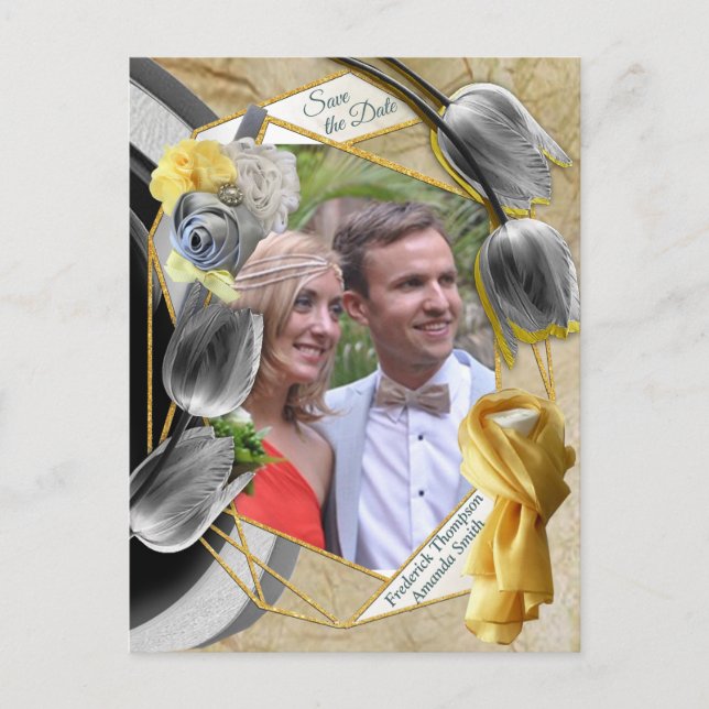 Grey and Yellow tulips on texture. Announcement Postcard (Front)