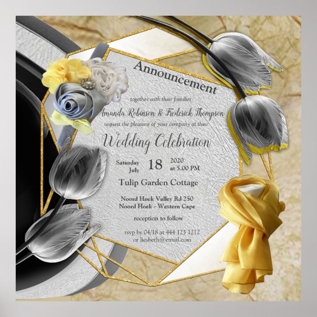 Grey and Yellow tulips on texture Poster (Front)