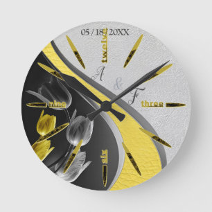 Grey and Yellow tulips on texture. Round Clock