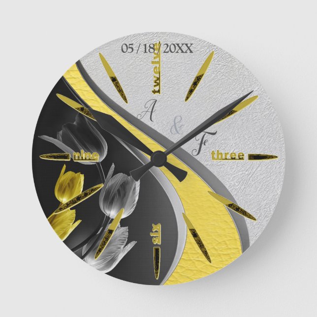 Grey and Yellow tulips on texture. Round Clock (Front)