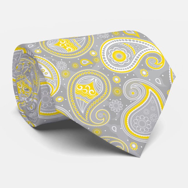 Grey and yellow vintage paisley pattern tie (Rolled)