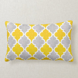 Grey and Yellow Vintage Quatrefoil Pattern Lumbar Cushion