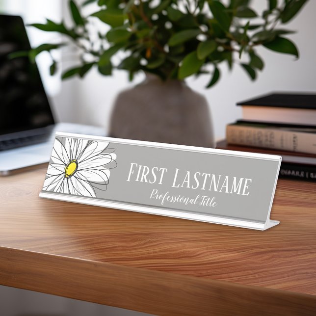 Grey and Yellow Whimsical Daisy Custom Text Desk Name Plate (Personalized Desk Sign with Name and Title - Custom Executive Name Plate)