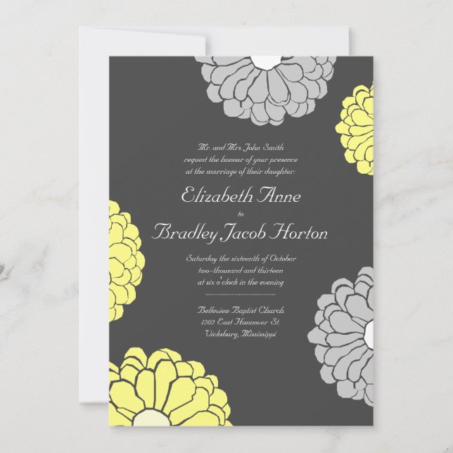 Grey and Yellow Zinnia Flower Wedding Invitation (Front)