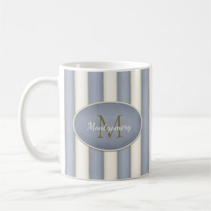 Grey & Antique White Stripes Bronze Monogram Coffee Mug