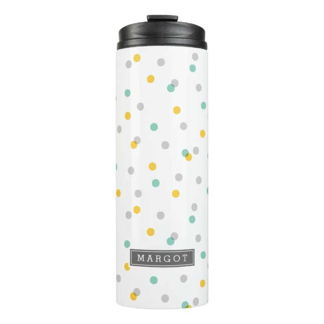 Grey Aqua and Yellow Confetti Dots Monogram Thermal Tumbler (Front)